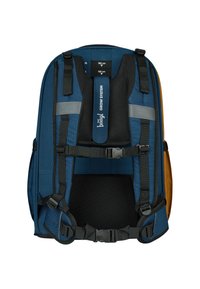 Zaino realizzato in resistente tessuto blu con dettagli neri, spallacci regolabili e un sistema di crescita unico per regolare l'altezza.