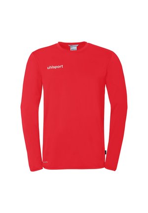 Rood sportshirt met lange mouwen, "uhlsport"-logo op de borst en een ronde hals, op een witte achtergrond.