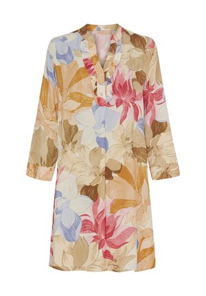 Blomster tunika kjole med en mandarin krave, prydet med store pink, blå og brune blomstermønstre på en beige baggrund. Knapdetaljer ved halsen.