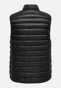 Schwarze gepolsterte Weste mit horizontalen Steppnähten, einem Stehkragen und einer glatten, leicht reflektierenden Oberfläche. Keine Frontöffnungen oder Taschen.