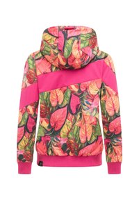 Hooded jacket with pink ribbed cuffs and hem, featuring a vibrant tropical leaf pattern in shades of pink, green, and yellow.