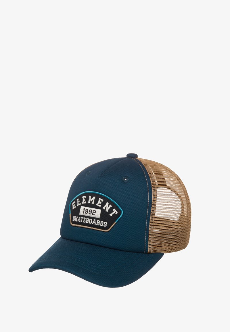 Blue and tan trucker cap with mesh back, featuring a patch reading "ELEMENT 1992 SKATEBOARDS" on the front panel.