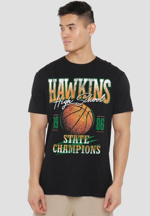 Black short-sleeve t-shirt featuring a colorful graphic of a basketball, "HAWKINS HIGH SCHOOL," and "STATE CHAMPIONS" text.