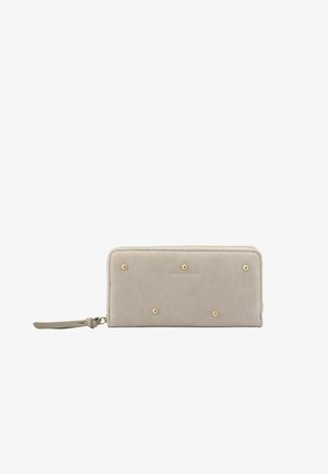 Light beige suede wristlet wallet with gold studs, zipper closure, and Fred de Bruder logo on front center.