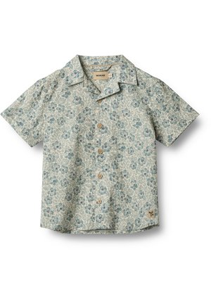Camicia a maniche corte di colore azzurro chiaro con un motivo floreale. Realizzata in tessuto morbido, con colletto e cinque bottoni in legno sulla parte anteriore.