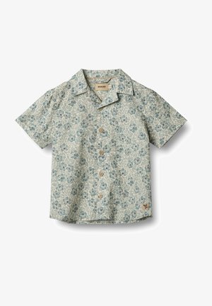 Camicia a maniche corte di colore azzurro chiaro con un motivo floreale. Realizzata in tessuto morbido, con colletto e cinque bottoni in legno sulla parte anteriore.