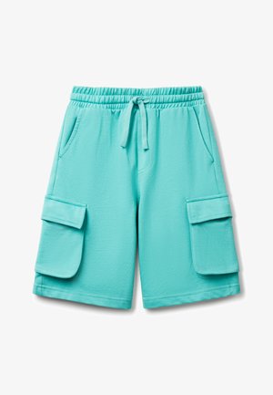 Pantalones cortos de carga turquesa con cinturilla elástica, cordón, dos bolsillos laterales y dos grandes bolsillos laterales. Material suave al tacto.