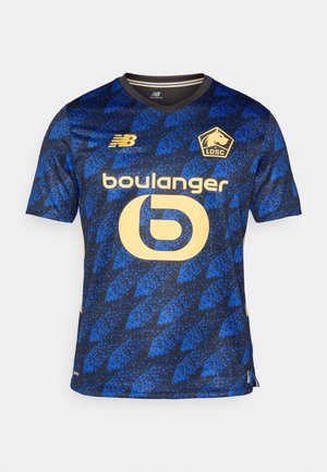 Blå fotballtrøye med geometrisk mønster, med gult tekst "boulanger" og logo, V-halsdesign og kort ermer.