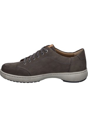 Grau Wildledersneaker mit niedrigem Profil, abgerundeter Zehenpartie und sechs Ösen. Verfügt über eine kontrastierende hellgraue Gummisohle und minimale Nähdetails.