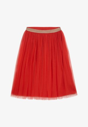 Roter Tüllrock mit einem goldfarbenen elastischen Bund. Der Rock hat ein mehrlagiges Design mit weicher, transparenter Struktur und knielangem Schnitt.