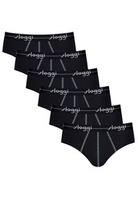 Schwarze Baumwollslips mit einem grauen Logo-Bund und kontrastierenden Nahtlinien. Verkauft im Sechserpack. Klassisches Design mit elastischem Bund.