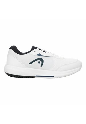 Weißer Sportschuh mit schwarzer Innenauskleidung und Logo an der Seite, ausgestattet mit Schnürsenkeln und einer strukturierten Sohle.