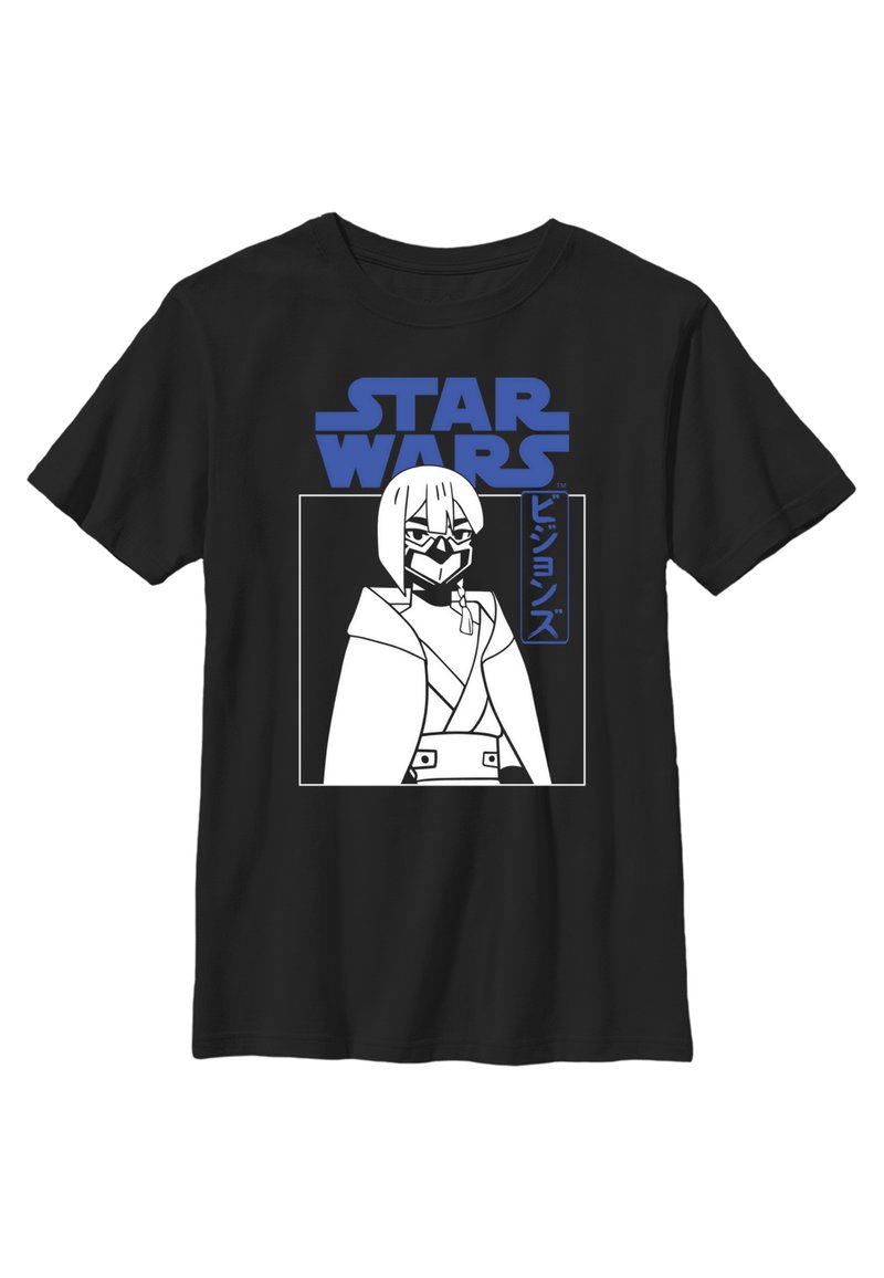 Sorte bomulds t-shirt med et hvidt og blåt grafik af en karakter i en kappe med teksten "STAR WARS" ovenfor i fede blå bogstaver.