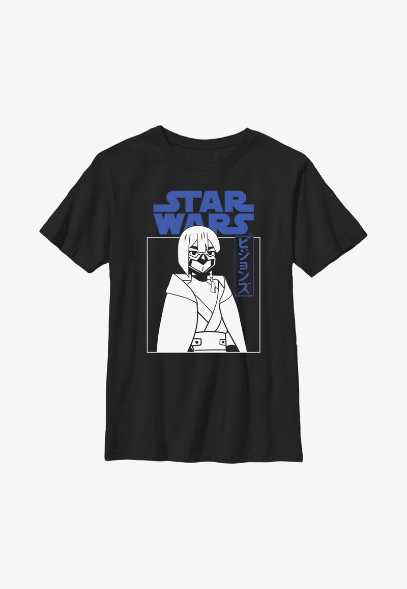 Sorte bomulds t-shirt med et hvidt og blåt grafik af en karakter i en kappe med teksten "STAR WARS" ovenfor i fede blå bogstaver.