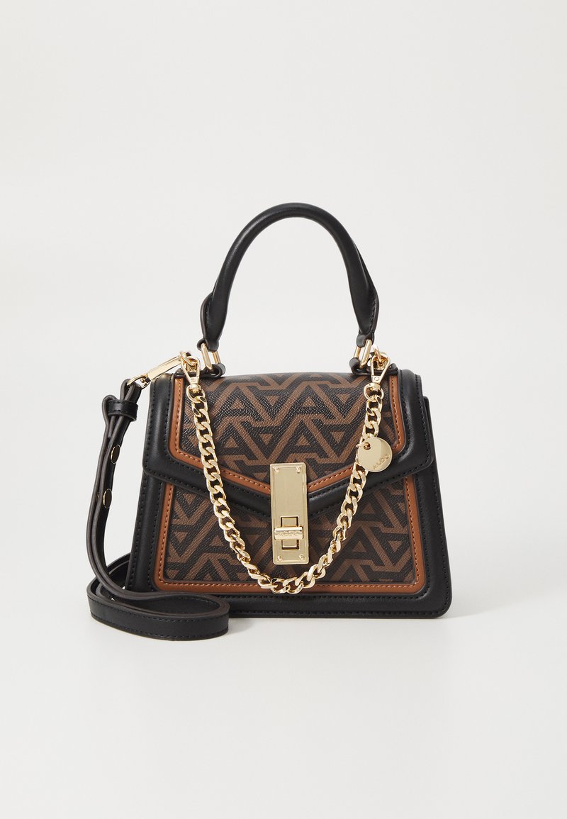 Borsa geometrica nera e marrone con motivo, con catena dorata, forma rettangolare, manico superiore e tracolla staccabile.