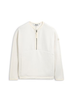 Ponte in pile bianco con maniche lunghe, chiusura frontale a mezza zip, tasca a marsupio e etichetta del marchio AIGLE all'interno del colletto.