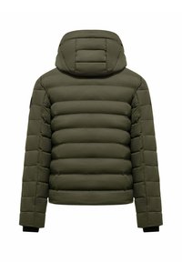 Giubbotto imbottito verde oliva con design imbottito, cappuccio e accenti neri sui polsini. Tessuto liscio, chiusura con zip sul davanti.