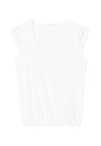 White sleeveless top with a V-neck, featuring lace accents on the shoulders and a textured appearance. Keyhole detail at the back.
