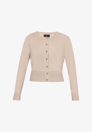 Bež pletena jopica z dolgimi rokavi, okroglo ovratnik in šestimi sprednimi gumbi z subtilnim sijajem in rebrastim robom.
