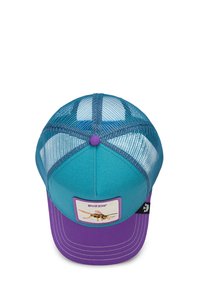 Trucker cap with teal front panel, purple brim, and mesh back. Features a "BUZZIN'" label with a graphic of an insect.