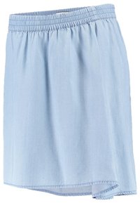 Lyseblå knælængde nederdel med elastisk taljebånd og let buet kant på den ene side, lavet af blødt, let stof.