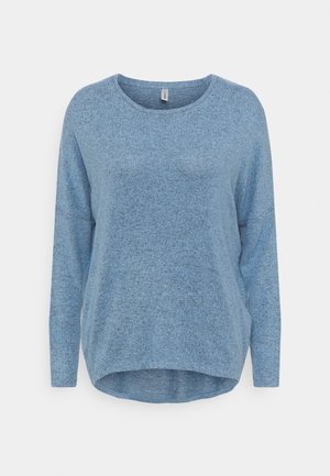 Blue long-sleeve top with a rounded neckline, featuring a textured knit pattern and a slightly curved hem. Material appears soft and casual.