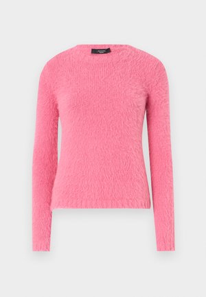 Pull-over rose à manches longues en texture pelucheuse avec un col rond et une coupe slim, présentant une couleur unie sans motifs.