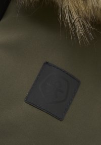 Grönt tyg med en slitstark, strukturerad yta har ett svart präglat logopatch. Patchen har en sköldform och en stiliserad figur.