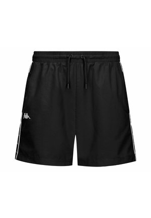 Pantaloni corti neri in nylon con cintura elasticizzata e cordoncino. Presentano strisce laterali bianche e un logo sulla gamba sinistra. Texture liscia.