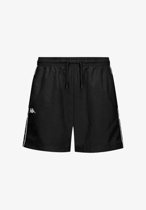 Shorts en nylon noir avec une taille élastique et un cordon de serrage. Présentent des bandes latérales blanches et un logo sur la jambe gauche. Texture lisse.