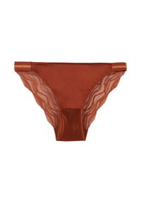 Pantaloni intimi di colore ruggine realizzati in tessuto liscio con pannelli laterali in pizzo, caratterizzati da motivi ondulati e elastici con dettagli dorati.