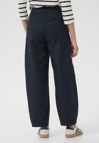 Wide-leg navy pants with a high waist, featuring side pockets and a smooth texture. Paired with light-colored sneakers.