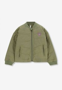 Gevoerde bomberjack in olijfgroen, met een ritssluiting aan de voorkant, ribgebreide manchetten en zoom, en een klein paarse hartlogo op de borst.