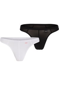 Två par minimalistiska underkläder: ett par vita, ett par svarta. Mjukt tyg med en slät yta. Varje par har en tunn kant och sidodetaljer.