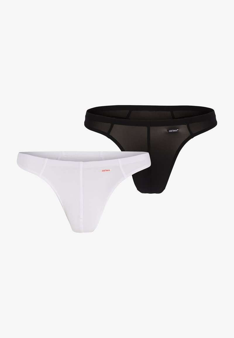 Deux paires de sous-vêtements minimalistes : l'une blanche, l'autre noire. Tissu doux avec une texture lisse. Chacune a une bande fine et des détails sur les côtés.