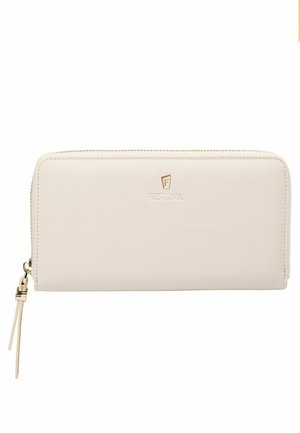 Portafoglio in pelle sintetica beige con chiusura a zip, caratterizzato da un logo dorato e un design minimalista, texture liscia e forma snella.