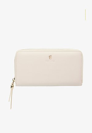 Beige synthetisch leren portemonnee met ritssluiting, voorzien van een gouden logo en een minimalistisch ontwerp, gladde textuur en slanke vorm.