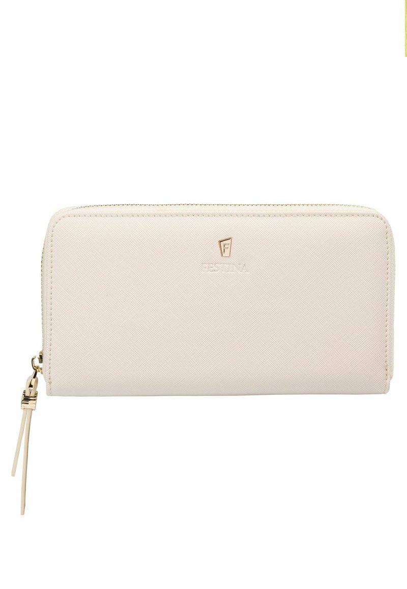 Bežinis sintetinio odos piniginė su užtrauktuku, su auksiniu logotipu ir minimalizmo dizainu, glotnia tekstūra ir lieknu pavidalu.