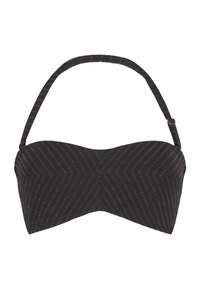 Sort bandeau bikini-top med et geometrisk stribet mønster, tekstureret stof med metaltråde, og justerbare stropper.