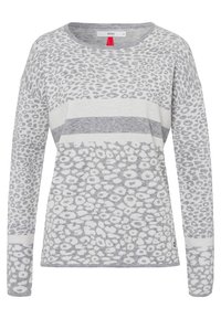 Helles graues Langarmpullover mit gemischten Leopardenflecken und horizontalen Streifen. Weiche Textur, runder Ausschnitt und leichter Seitenschlitz.