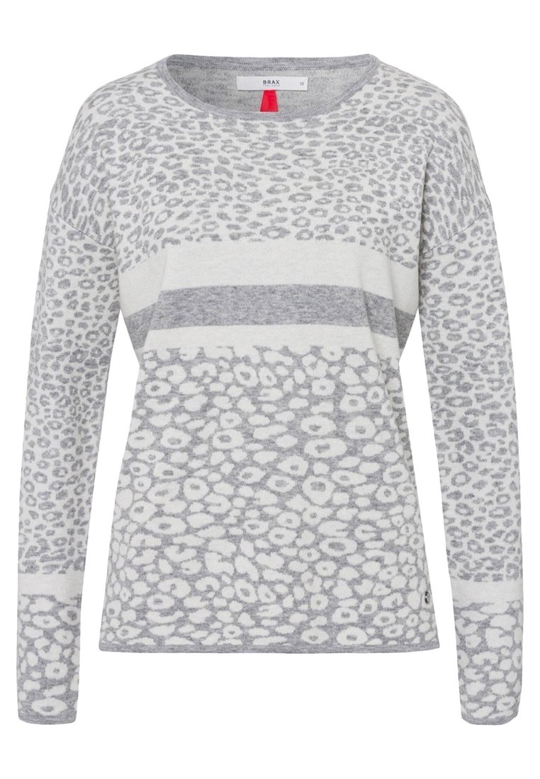 Helles graues Langarmpullover mit gemischten Leopardenflecken und horizontalen Streifen. Weiche Textur, runder Ausschnitt und leichter Seitenschlitz.