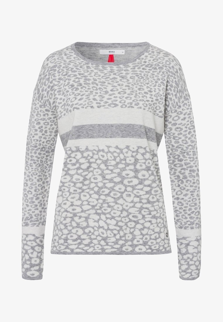 Helles graues Langarmpullover mit gemischten Leopardenflecken und horizontalen Streifen. Weiche Textur, runder Ausschnitt und leichter Seitenschlitz.