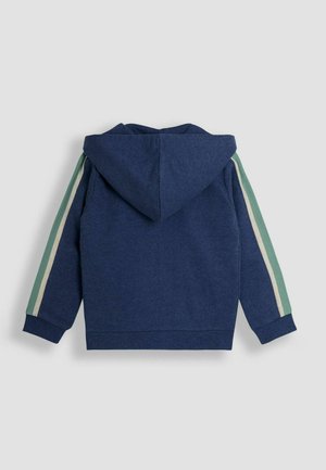 Marineblaue Kapuzenjacke aus strukturiertem Stoff, mit verstellbarer Kapuze und grünen sowie cremefarbenen Streifen entlang der Ärmel. Enthält gerippte Bündchen.