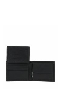 Black bifold wallet open showing three card slots, a mesh ID window, and a coin pocket with flap on the right side.