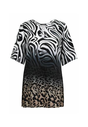 Kurzärmlige Damentunika mit schwarz-weißen Zebrasstreifen, die in schwarze und braune Leopardenmuster übergehen.