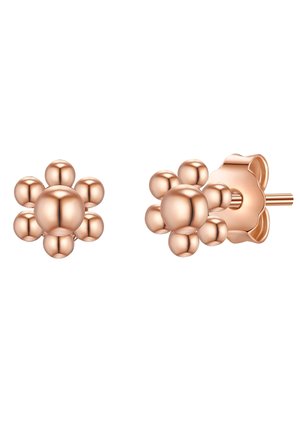 Blumenförmige Ohrstecker aus Roségold mit sphärischen Akzenten, die über eine strukturierte Oberfläche verfügen und einen sicheren Steckverschluss zum Befestigen bieten.