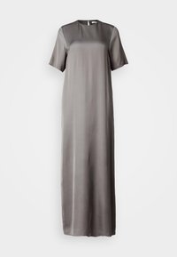 Rochie maxi din satin de un gri estompat, cu mâneci scurte, decolteu rotund și detaliu tip cheie la spate. Textură netedă, design fluid.