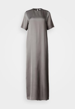 Satin maxi dress in muted gray with short sleeves, a round neckline, and a keyhole back detail. Smooth texture, flowing design.