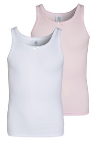 Due canottiere in bianco e rosa chiaro. Realizzate in tessuto a coste, presentano un collo rotondo e un delicato bordo picot con un piccolo fiocco decorativo.