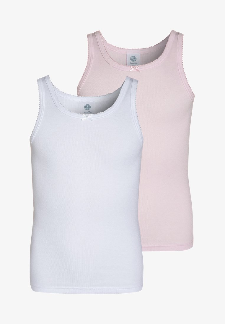 Two tank tops in white and light pink. Made of ribbed fabric, featuring a rounded neckline and delicate picot trim with a small bow accent.
